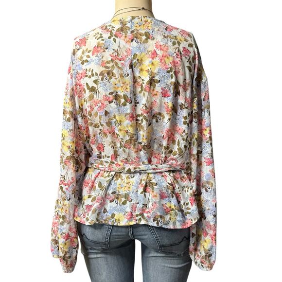 Lane Bryant Beautiful Wrap Around  Blouse Size 28 in Blue, Pink, Yellow Floral - Picture 3 of 12